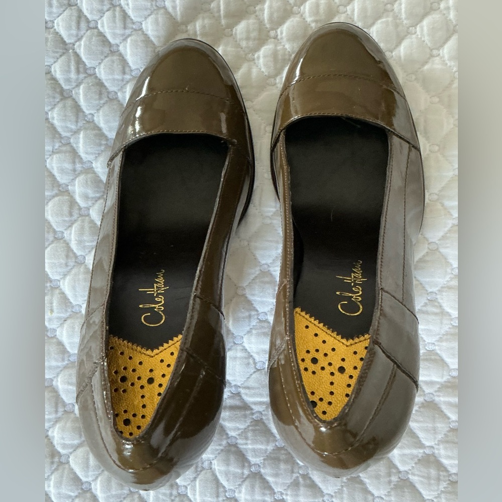 Cole Haan Kendra Nike Air Patent Leather Sepia/Green Block Heel Pumps 7,5 - Picture 6 of 15